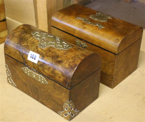 Victorian brass-mounted walnut dome-top 2-division tea caddy & similar stationery box